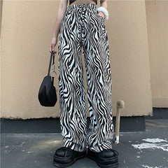 Zebra Pattern Loose Wide-leg Straight-leg Pants - White / S