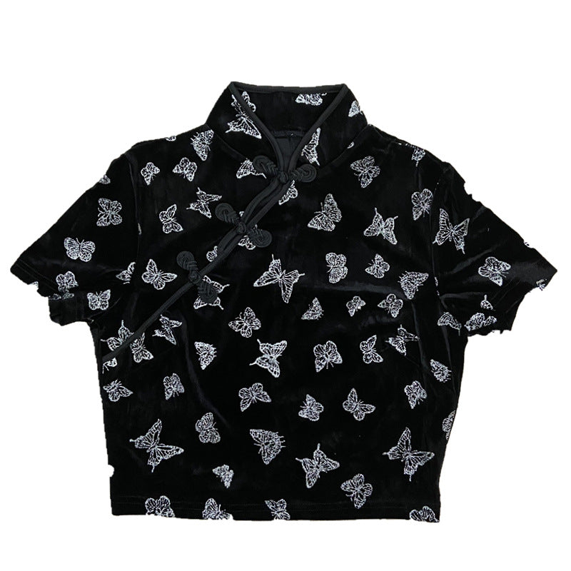 Butterfly Short-Sleeve Japanese Crop Top - One Color / S -