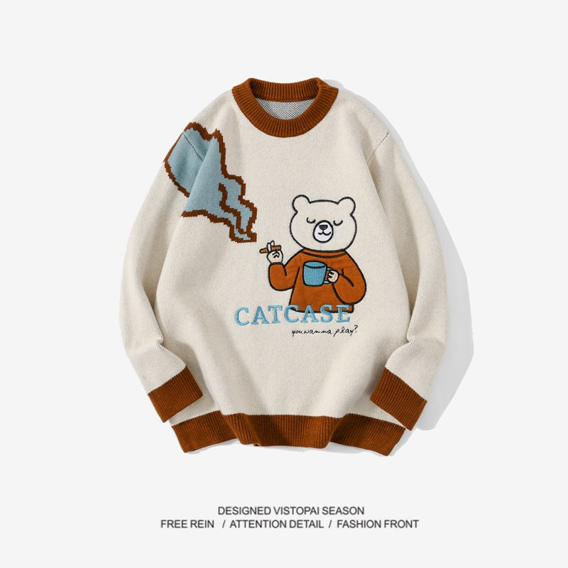 Bear Embroidered Knitted Oversize Sweater - White / M