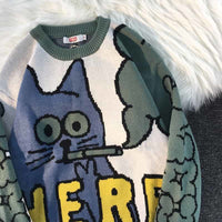 Thumbnail for Cartoon Smoking Cat Knitted Sweater - BLUE / M