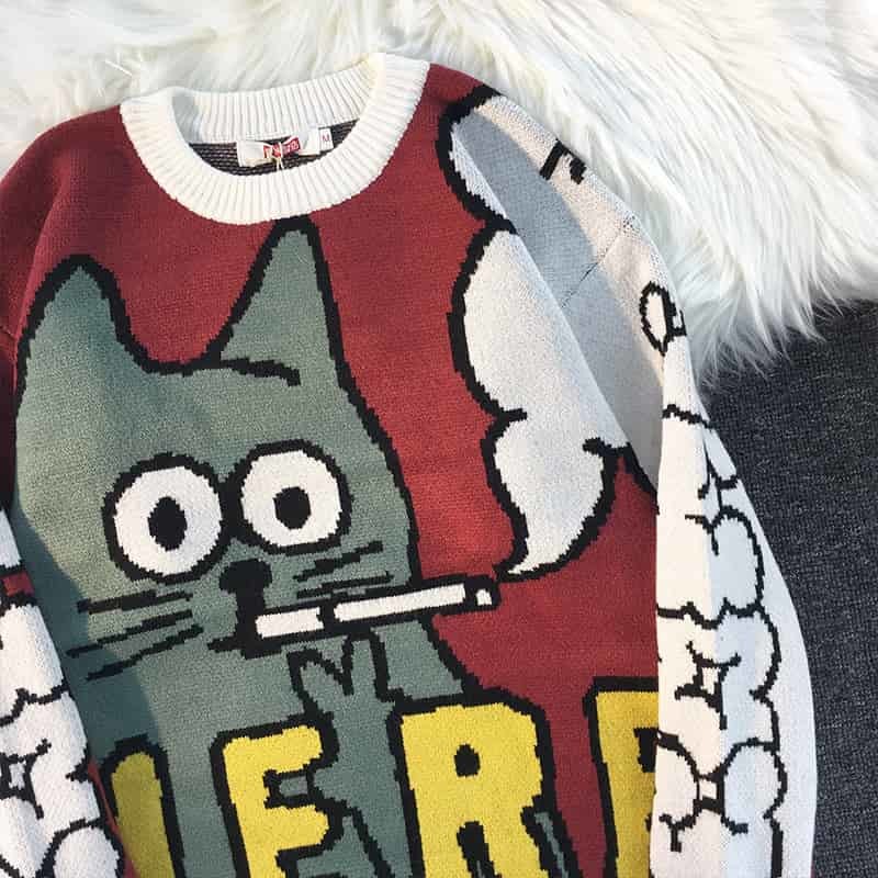 Cartoon Smoking Cat Knitted Sweater