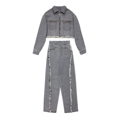 Zipper High Waist Denim Jeans & Jacket - Grey / S - Set