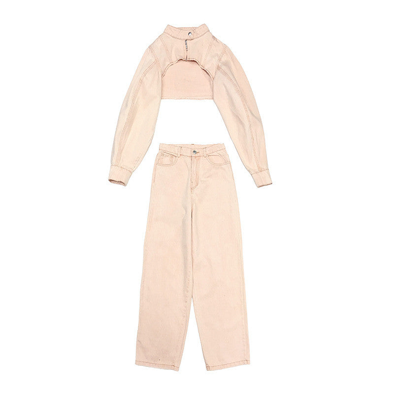 Hollow Ultra-short Jacket and Pants Suit - Pink / S - Set