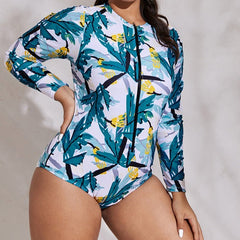 Tropical Plus Size Swimwear Zipper - Blue / L - Swimsuits