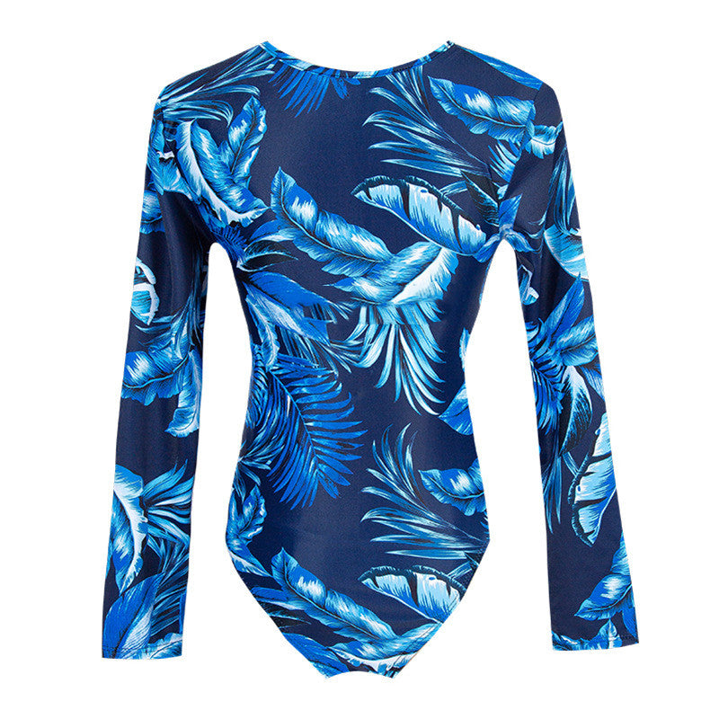 Blue Leaves Swimwear With Zipper - Swimsuits