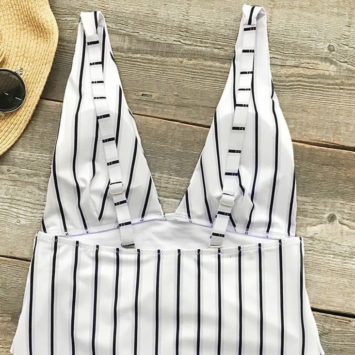 White Black Stripes Deep V-neck Open Back One-Piece Swimsuit
