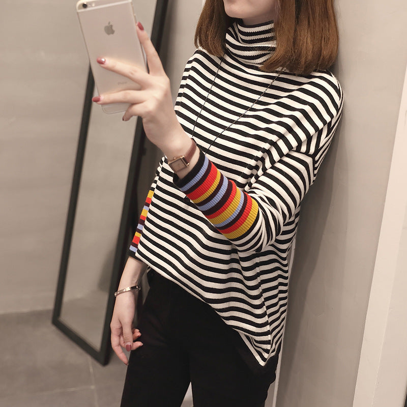 Rainbow Turtleneck Striped Sweater - WhiteBlack / One size