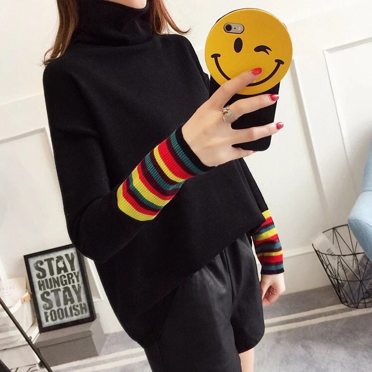 Rainbow Turtleneck Striped Sweater - Black / One size