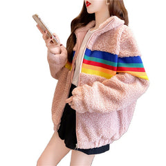 Rainbow Zipper Loose Fleece Coat - WINTER COATS