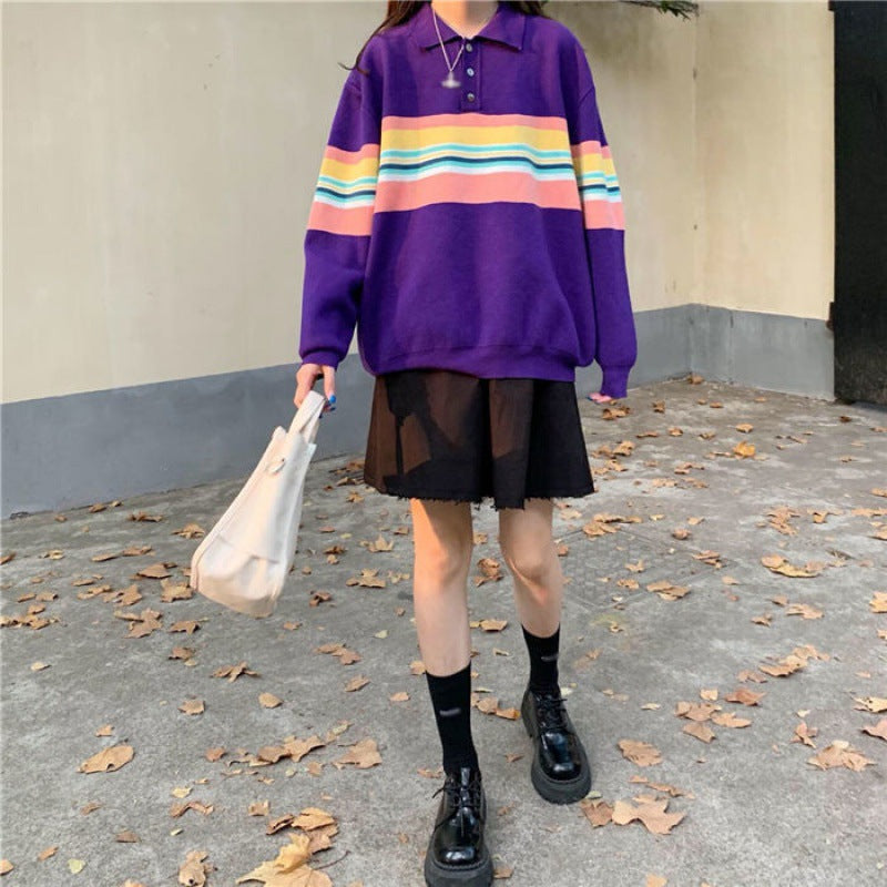 Rainbow Color Striped Kawaii Sweatshirt - Purple / S -