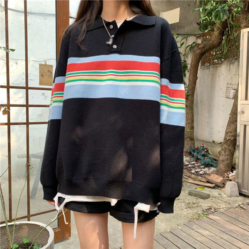 Rainbow Color Striped Kawaii Sweatshirt - Black / S -