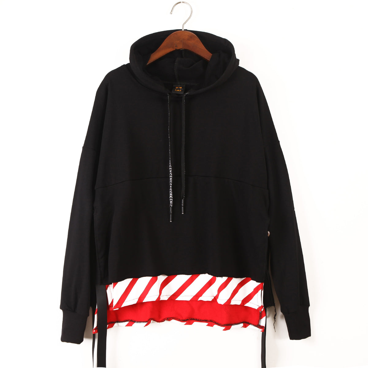 Black Contrast Color Irregular Two-Piece Loose Hoodie - One