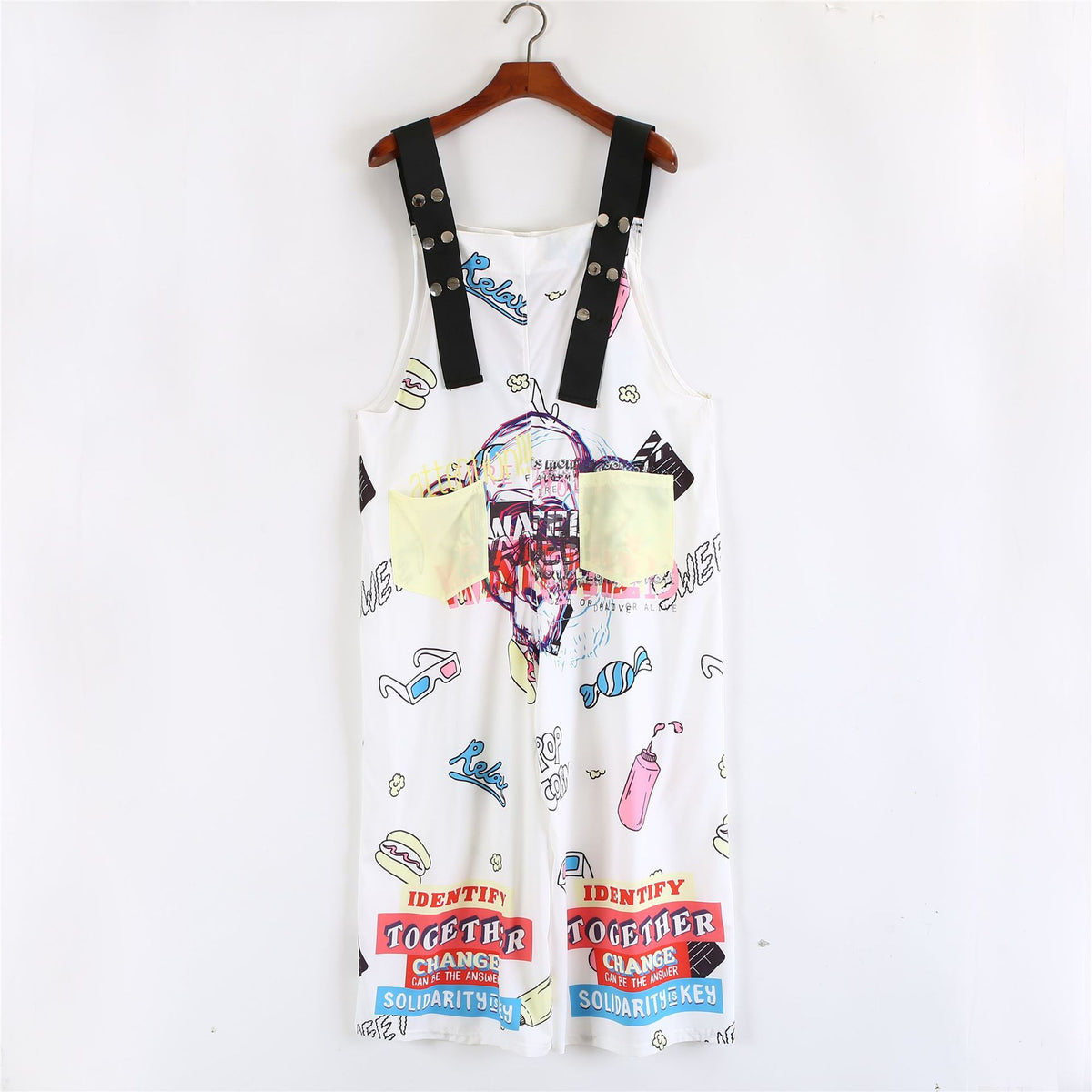 Colorful Letters Loose Suspenders Jumpsuit - White / One