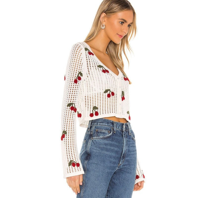 Sweet Cherry Embroidery Crochet V neck Top Cardigan -