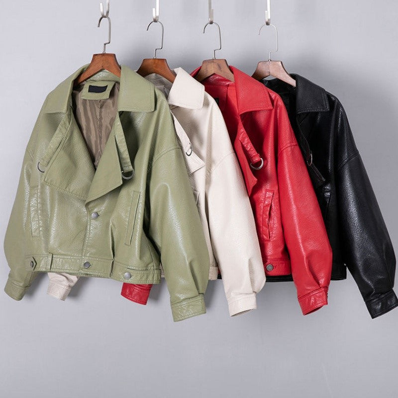Solid Color PU Vegan Leather Short Jacket - Jackets