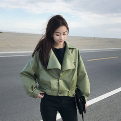 Solid Color PU Vegan Leather Short Jacket - Green / S -