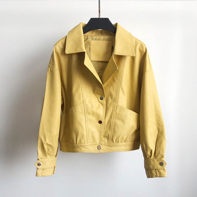 Solid Color Pu Leather Short Motorcycle Jacket - Yellow / S