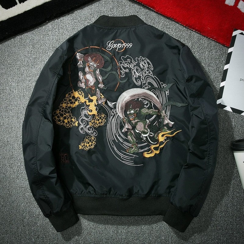 Demon Fight Japanese Style Embroidered Bomber Jacket - Black