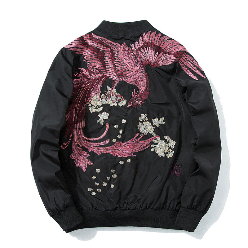 Red Phoenix Embroidered Bomber Jacket - Jackets