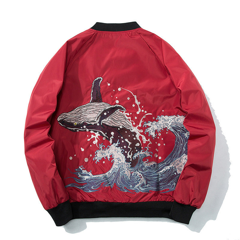 Yokosuka Embroidery Whale Japanese Bomber Jacket - Red / XS
