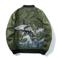 Yokosuka Embroidery Whale Japanese Bomber Jacket - Green /