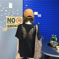 Butterfly 3D Mesh in back loose T-Shirt - Black / S