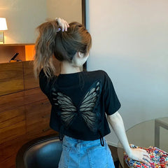 Butterfly 3D Mesh in back Crop Top - T-Shirt