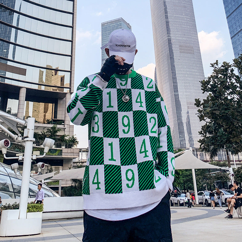 Chess Pattern Numbers Knitted Sweater - Green / L