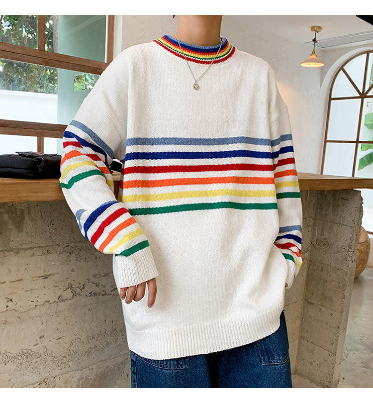 Rainbow Stripe Oversize Sweater - White / L