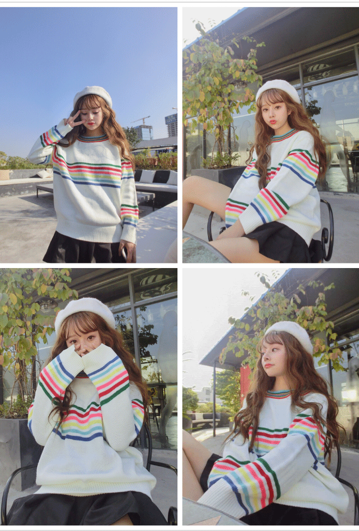 Cute Rainbow Striped Print Knit Sweater