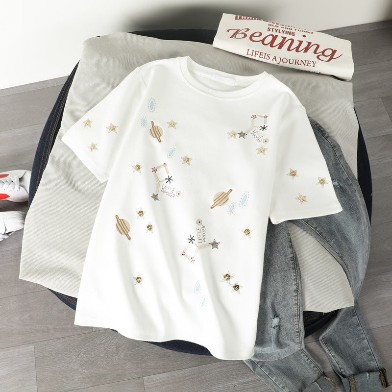 Constellation Loose Embroidery T-shirt - White / XL -