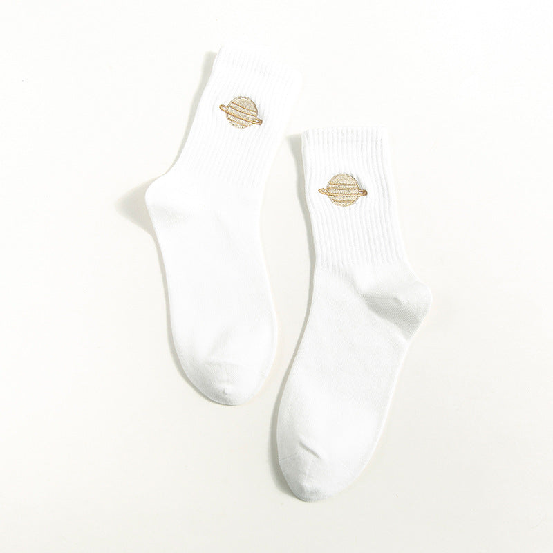 Full Moon and Saturn Socks - White / One Size