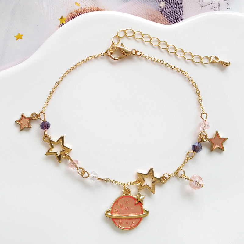Five Pointed Star and Planet Bracelet - Pink / One Size -