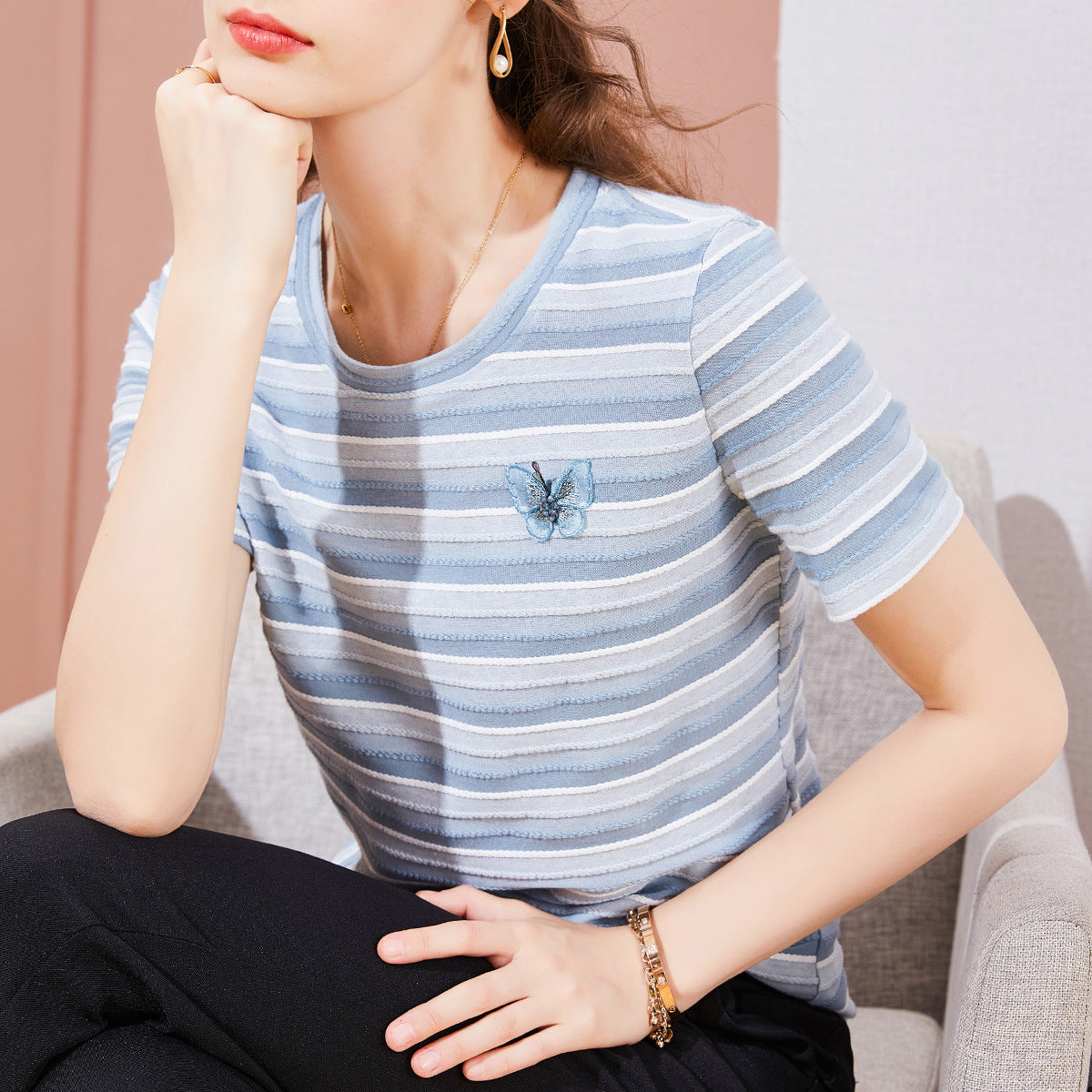 Striped Embroidered Butterfly T-Shirt - Blue / M
