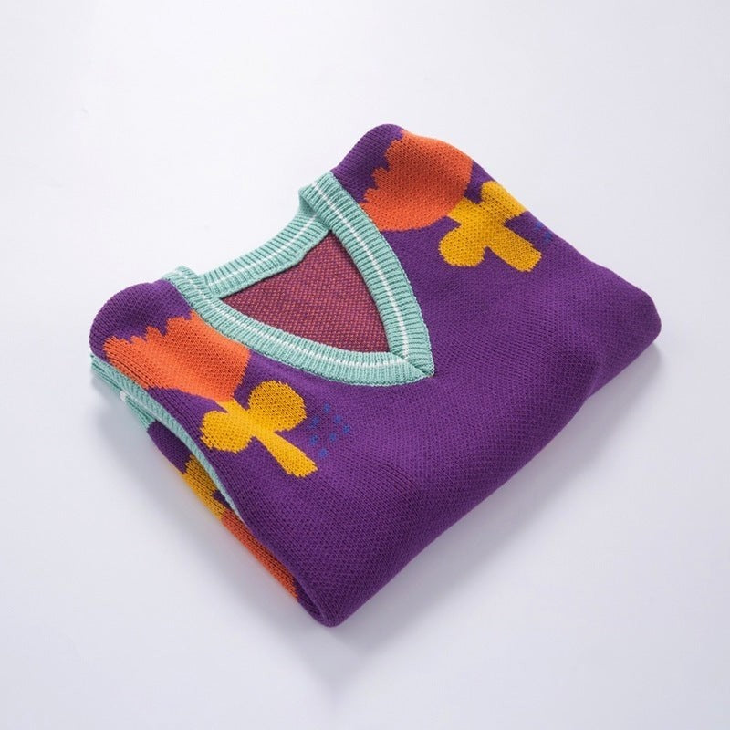 Flower Vintage V-neck Knitted Vest - Purple / One size