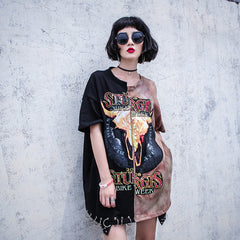 Rock Fashion Print Shirt Dress - Black / Uniform - Oversize