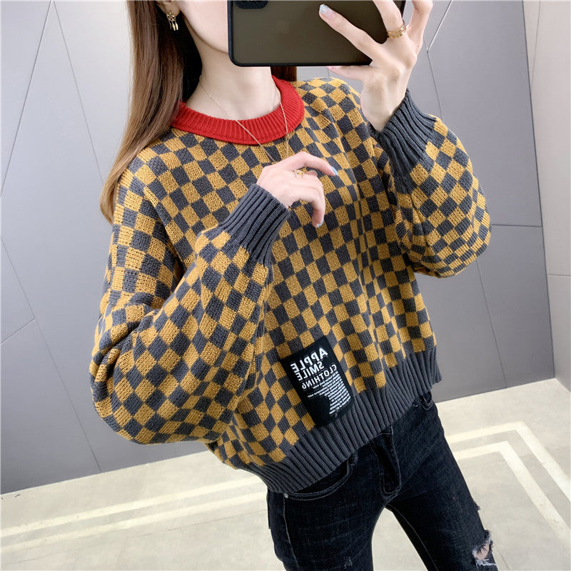 Chess Pattern Knitting Sweater - Yellow / One size