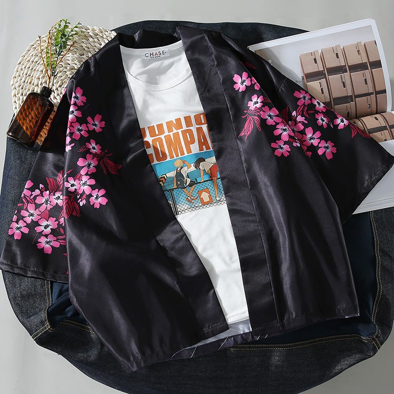 Asian Style Kimono Cap Sleeve Shirt - Black Pink / L -