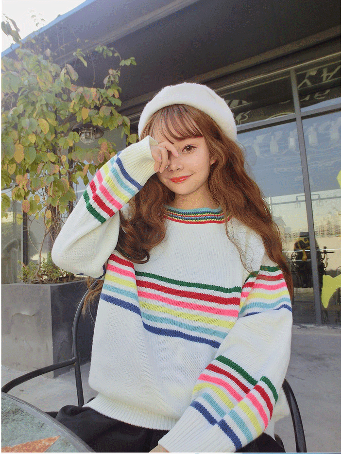 Cute Rainbow Striped Print Knit Sweater - White / One size