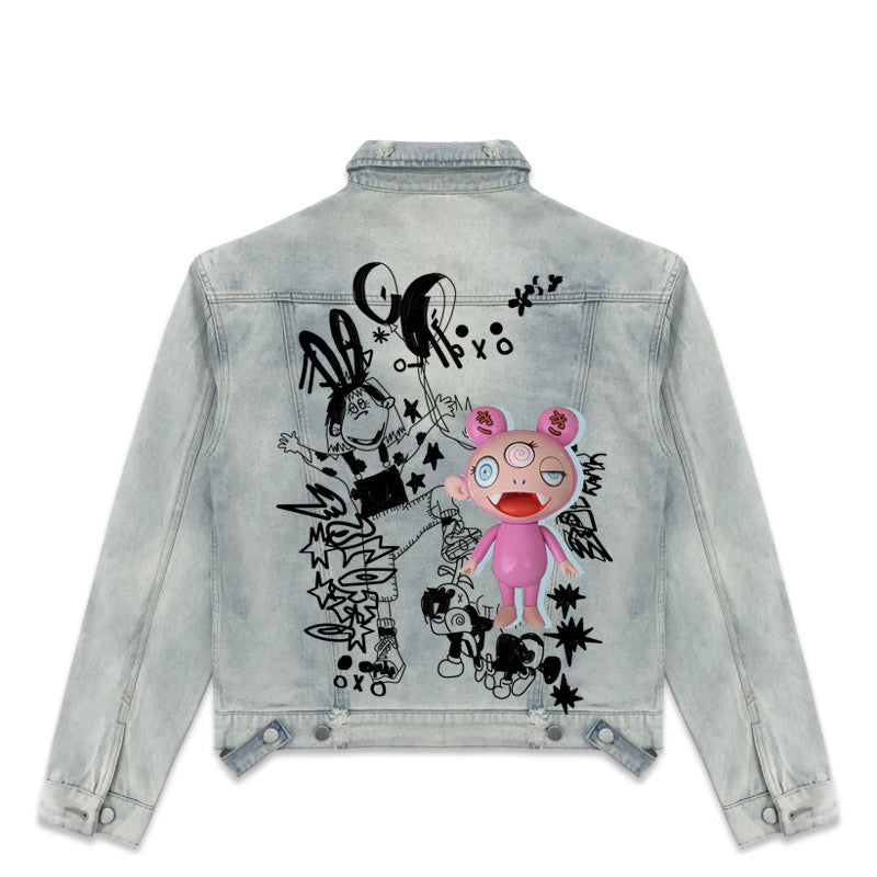 Sinister Doll With Hand Painted lapel Denim Jacket - UrbanWearOutsiders Jackets