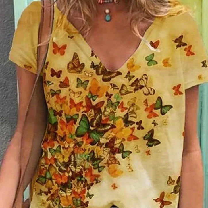 Multi-color Butterfly V-Neck T-Shirt - Yellow / 2XL -