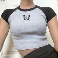 Thumbnail for Black Butterfly Round Neck Crop Top - crop top