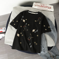 Constellation Loose Embroidery T-shirt - Black / L - T-Shirt