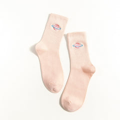 Full Moon and Saturn Socks - Pink / One Size