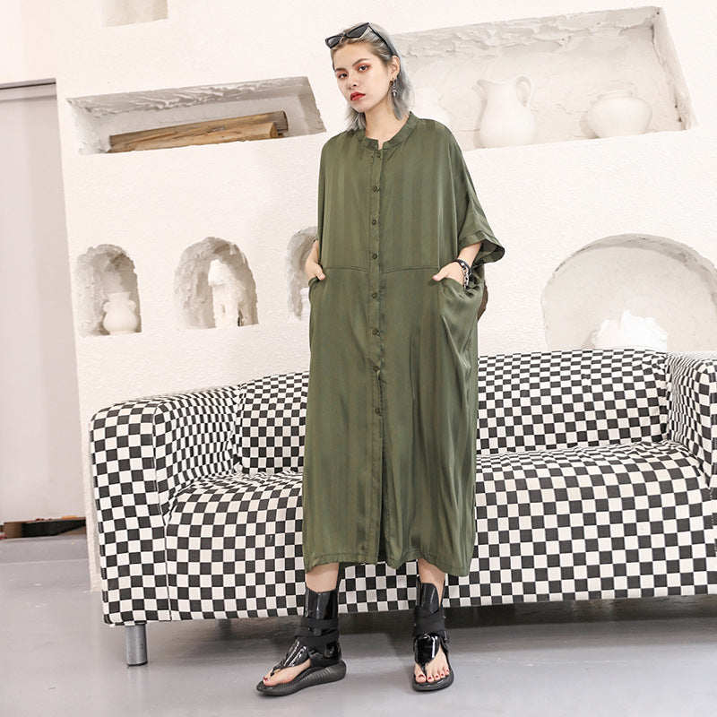 Round Neck and Straight Cut Dress - Military Green / One