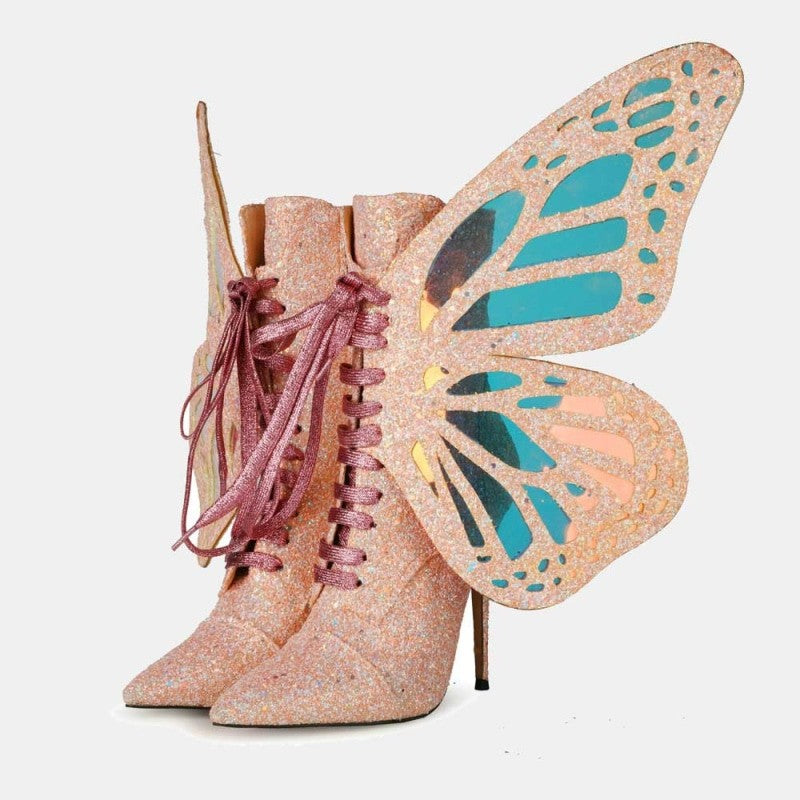 Butterfly Wings Sequined PU Leather Stiletto Boots - Apricot