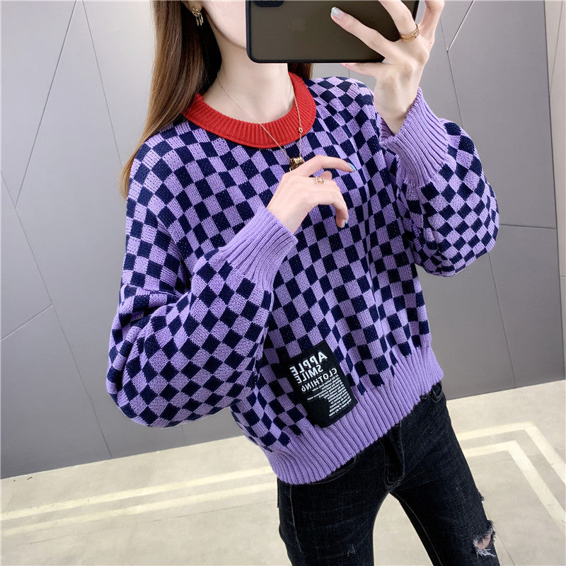 Chess Pattern Knitting Sweater - Purple / One size