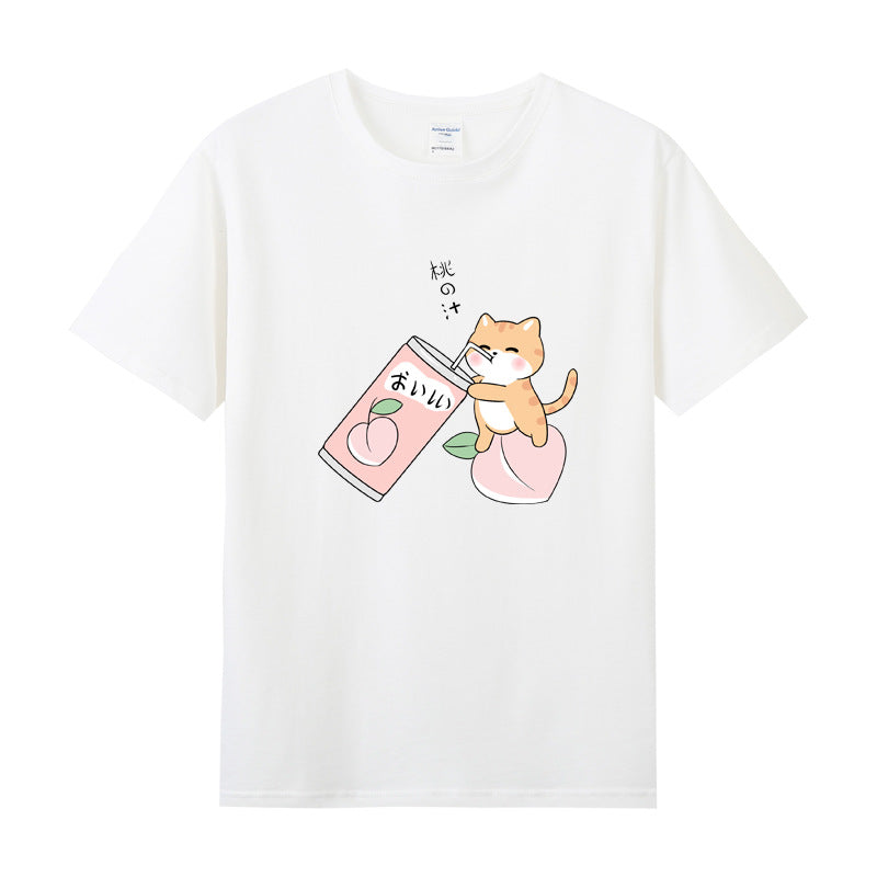 Cute Cat & Peach Juice T-shirt - White cat / S - T-Shirt
