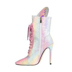 Butterfly Wings Pink Sequined PU Leather Stiletto Boots -