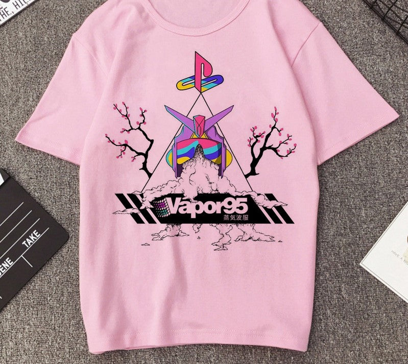 Aesthetic Round Neck Vaporwave T-Shirt - Pink / XXS